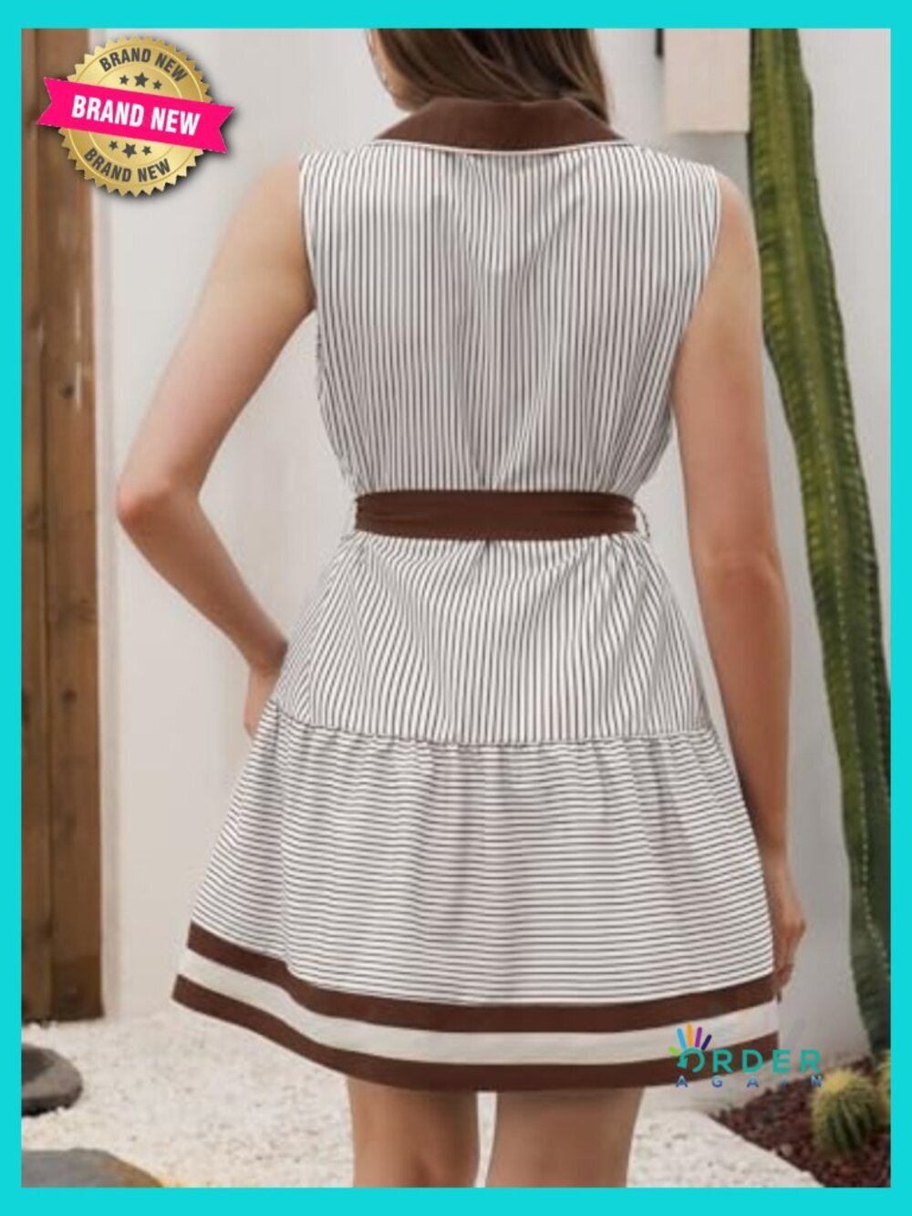 Striped Button Down Shirt Dress Sleeveless Tie Waist Mini with Pockets - Picture 5 of 6